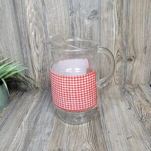 Vintage Red White Gingham Check Pitcher, Anchor Hocking, Country Kitchern